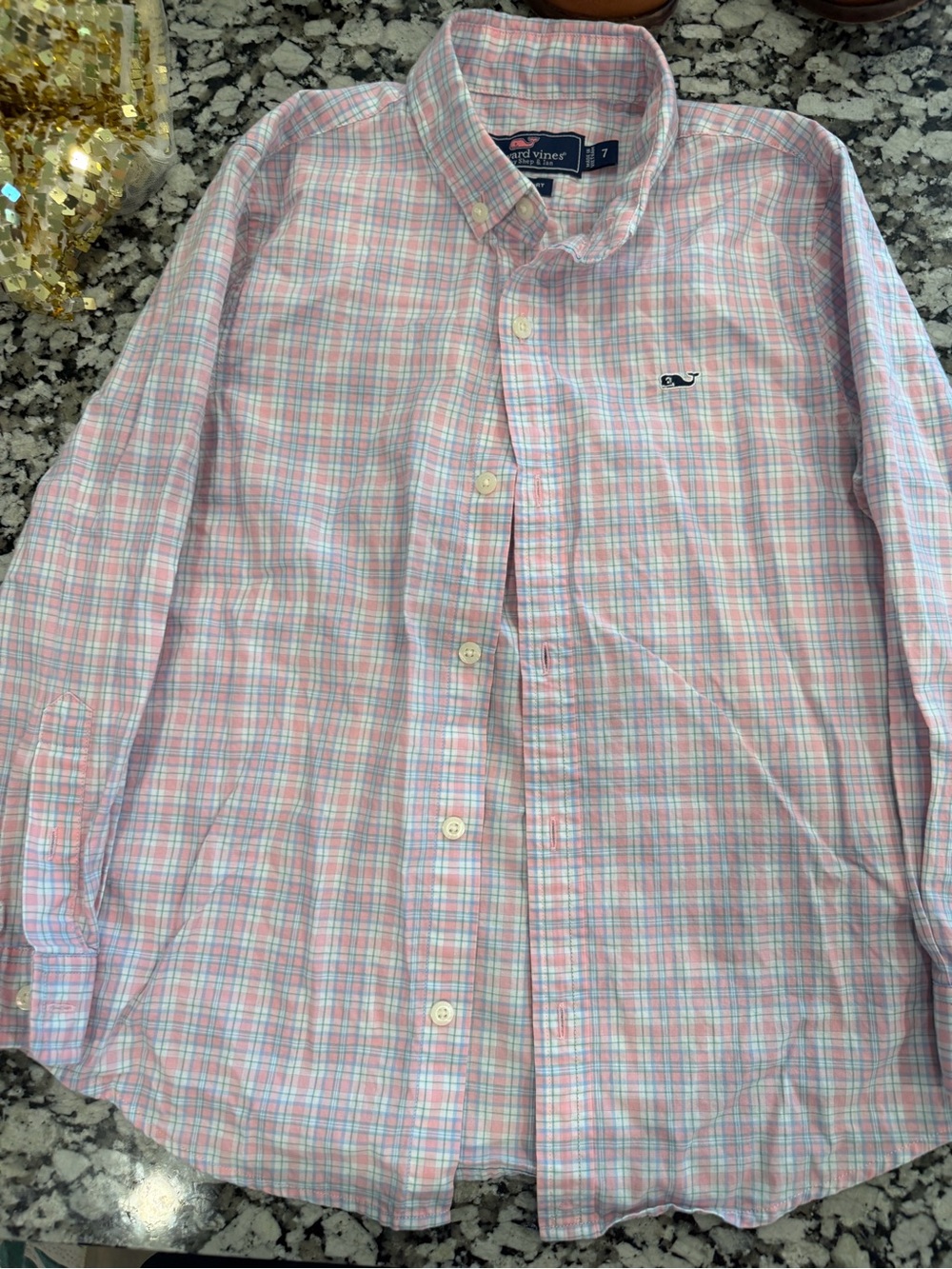 Vineyard Vines Boy Size 7 Pink Blue Plaid Button-Down Shirt